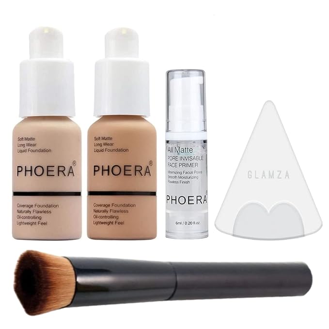Phoera Foundation Full Coverage Makeup Set - Includes Nude & Buff Beige 30ml Matte Foundation, 6ml Face Primer PLUS Liquid Foundation Brush & Silicone Blender Sponge for Easy Application