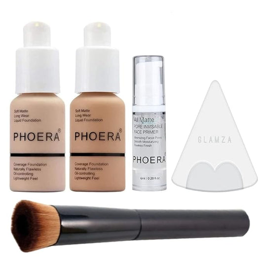 Phoera Foundation Full Coverage Makeup Set - Includes Nude & Buff Beige 30ml Matte Foundation, 6ml Face Primer PLUS Liquid Foundation Brush & Silicone Blender Sponge for Easy Application