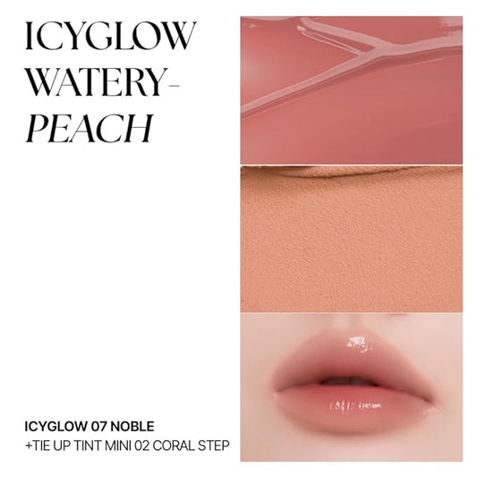 Cover & Shine Set - Watery Peach, Tie up Cover Tint 02 Coral Step & Icy Glow 07 Noble, K-Beauty Matte Lip base Gloss