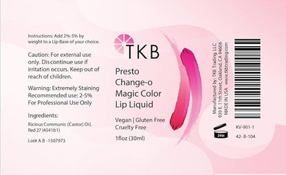 TKB Lip Liquid - Presto Change-o Magic Color| Color Additive, Unique Lip Color, Lip Transformation| Vegan, Gluten & Cruelty Free| Made in USA (1floz (30ml))