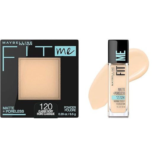 Maybelline Fit Me Matte + Poreless Pressed Powder Makeup & Liquid Foundation, Classic Ivory & Light Beige, 1 Count Each