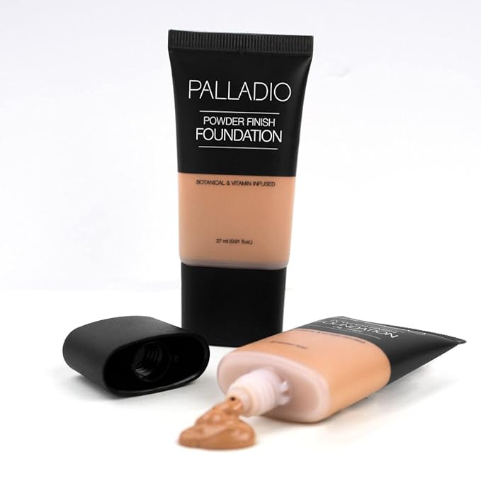 Palladio Powder Finish Liquid Foundation, Natural Matte Appearance, Reduces Fine Lines, Covers Large Pores, Hides Imperfections, All Day Wear, Sheer to Medium Coverage, Honey