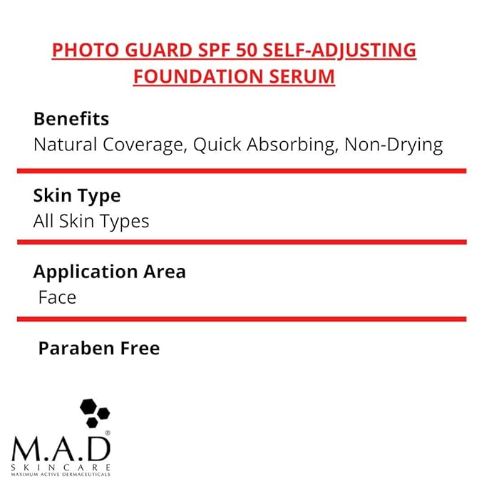 M.A.D SKINCARE SOLAR PROTECTION: Photo Guard SPF 50 Self-Adjusting Foundation Serum: Medium - 30g