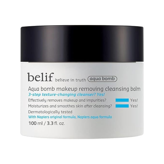 belif Aqua Bomb Cleansing Balm Makeup Remover, Hydrate & Deep Cleanse in 1 Step, No Mess Clean Up, Melt Away Makeup & SPF, Balm to Oil Cleanser Formula, No Oily Residue, Korean Skin Care