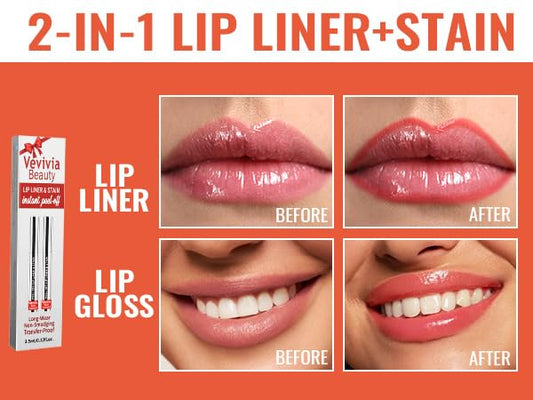 2pcs Lip Stain Peel Off - Lip Liner Stain Long Lasting Waterproof,2-in-1 Lip Liner with Tweezer Nude Matte,Non-Stick Cup,Highly Pigmented，Natural Finish,Stay On All Day,Perfect for Gift (Mauve+Rose)