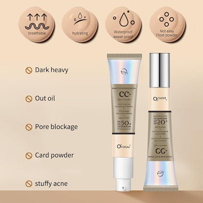 Color Correcting CC Cream, 2 Colors Natural & Ivory SPF 50 CC Cream Foundation Full-Coverage Concealer Invisible Pore Evens Skin Tone Hydrating Lightweight Long Lasting Waterproof 1.05 fl oz