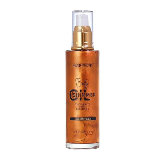 MAEPEOR Shimmer Body Luminizer 5 Colors Moisturizing Glow Illuminator Smooth and Non-sticky Summer Highlighter For Face and Body (80ML, 03 Bronze Gold)
