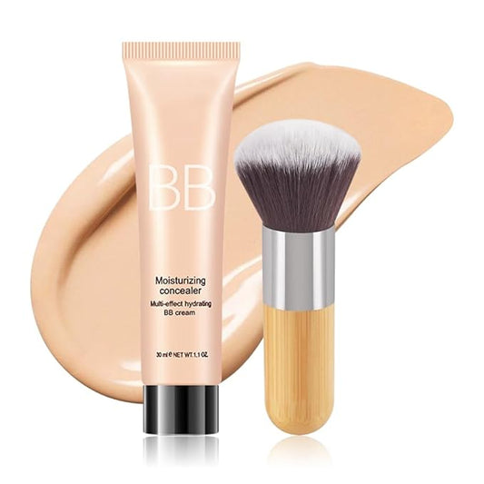 Hydrating BB Cream,Full Coverage Lightweight Matte Foundation & Concealer with Brush,Evens Skin Tone,Oil Control Cover Flaws,Natural Finish for All Skin Types,Vegan & Cruelty Free - Caramel