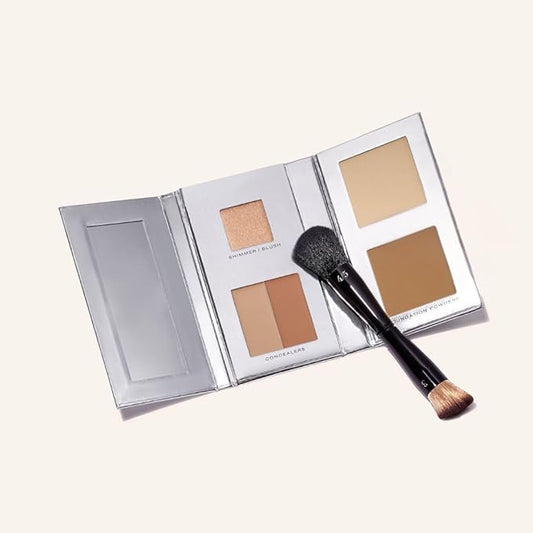Woosh Beauty, The Fold Out Complexion Palette w/Secret Brush, Travel All in One Neutral Cream & Powder Kit, 4 in 1 Nested Makeup Brush (#3 Medium)