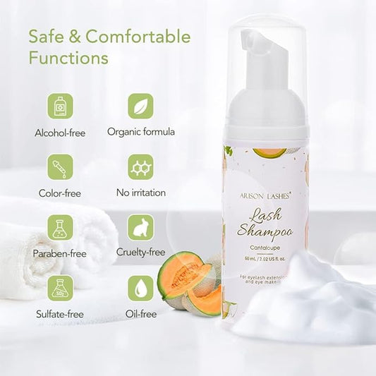 ARISON LASHES Eyelash Shampoo Eyelash Foam Cleanser with Cleaning Brush Eyelash Cleaner for Eyelash Extension Foam Wash Lash Shampoo for Home and Salon Use 60ML(Cantaloupe)