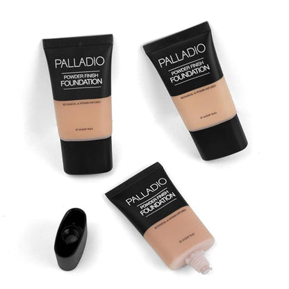 Palladio Powder Finish Liquid Foundation, Natural Matte Appearance, Reduces Fine Lines, Covers Large Pores, Hides Imperfections, All Day Wear, Sheer to Medium Coverage, In the Buff