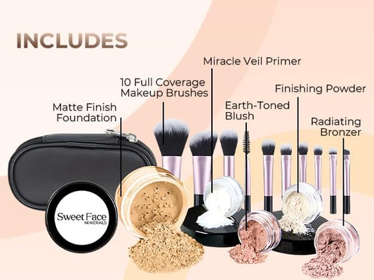 16pc STARTER KIT with 10 BRUSHES SET (BEIGE) Mineral Makeup Bare Face Loose Powder Includes Matte Foundation, Veil Primer, Blush, Bronzer, Translucent Finishing Setting Powder SPF 30 Travel Size