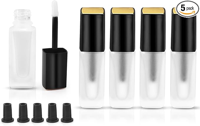5 Pcs 5ml Frosted Glass Lip Gloss Tubes Refillable Square Lip Glaze Tube Vials Mini Lip Balm Bottle Container with Wands & Stoppers for Women Girls DIY Makeup Travel