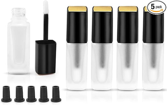 5 Pcs 5ml Frosted Glass Lip Gloss Tubes Refillable Square Lip Glaze Tube Vials Mini Lip Balm Bottle Container with Wands & Stoppers for Women Girls DIY Makeup Travel