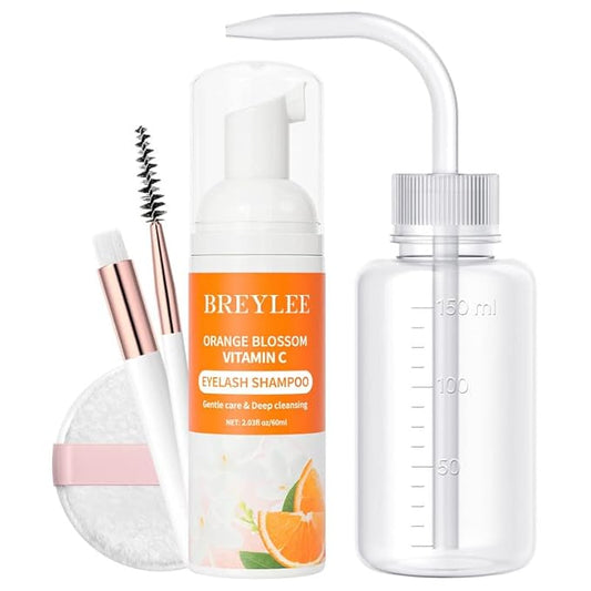 BREYLEE Eyelash Extension Cleanser, Lash Shampoo for Extensions, Lash Cleanser, Lash Bath, Lash Cleaner, Lash Cleaning Kit with Rinse Bottle+Brush+Pad for Professional & Self