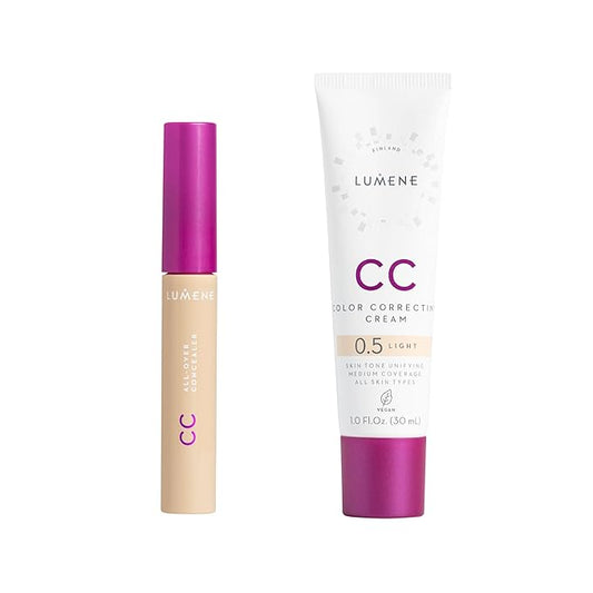 Lumene CC Complexion Perfecting Duo – CC All-Over Hydrating Concealer (0.3 fl oz) + CC Color Correcting Cream (1 fl oz) – Medium Coverage, Hydrating Makeup for a Radiant Finish