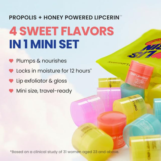 CNP Honey Lip Butter Mini Set – Propolis Lipcerin™ Travel-Size (4 Flavors), Hydrating Overnight Manuka Lip Balm & Mask, 12hrs Long-lasting Moisture, Gifts for Women, Korean Skincare