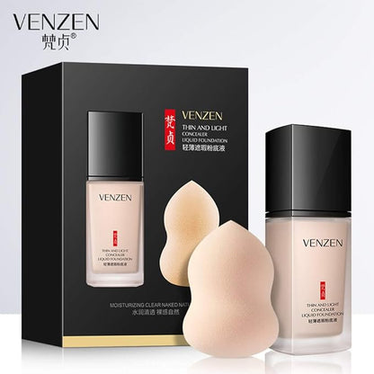 VENZEN Thin Light Concealer Liquid Foundation Waterproof Moisturizing Clear Naked Natural Long-Lasting Soft Texture Rubber Ring Delicate Colors (#01 NATURAL (6761))
