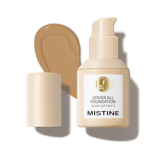 MISTINE Liquid Foundation Makeup Full Coverage for Oily Skin, 24 Hour Oil Control, Skin-Caring, Moisturizing Formula, Waterproof, Matte Finish, Satin, 1 Fl Oz