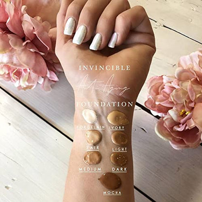 Mirabella Invincible For All HD Liquid Foundation - Anti-Aging Full Coverage Liquid Face Makeup - Moisturizing, Hydrating & Lightweight Foundation for All Skin Types (Porcelain 0, Original Packaging)