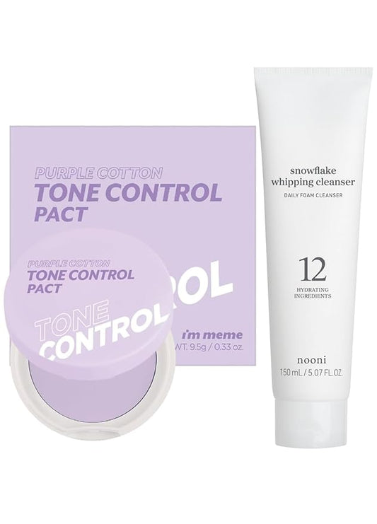 I'M MEME Compact - Purple Cotton Tone Control Pact 0.33 Oz + NOONI Korean Facial Clenaser - Snowflake Whipping Cleanser 5.07 Fl Oz Bundle