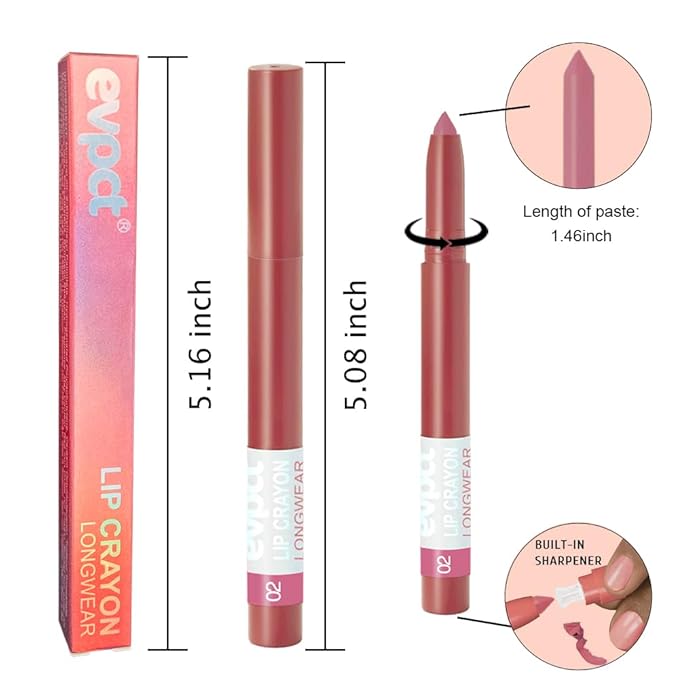 evpct Mauve Lip Liner Crayon Pencils Set for Women, Matte Lip Stick Crayon Long Lasting, Lips Pencil Liner and Lipstick set, Lipliner Pencil, 24 Hours Long Wearing Lipstick, Built-in Sharpener 02