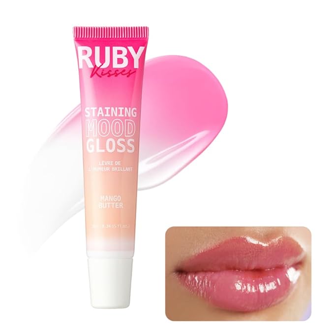 Ruby Kisses pH Lip Gloss, Pink Tinted Lip Balm Stain, Mood Color Changing Lipstick with Mango Butter for Long-Lasting Hydration, Lightweight Non-Sticky Shine, Fuller & Smoother Lips