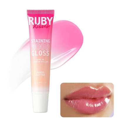 Ruby Kisses pH Lip Gloss, Pink Tinted Lip Balm Stain, Mood Color Changing Lipstick with Mango Butter for Long-Lasting Hydration, Lightweight Non-Sticky Shine, Fuller & Smoother Lips