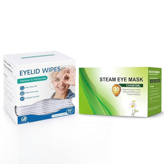 60 Packs Eyelid Cleansing Wipes for Dry Eye & Blepharitis + 30 Packs Steam Eye Mask Chamomile