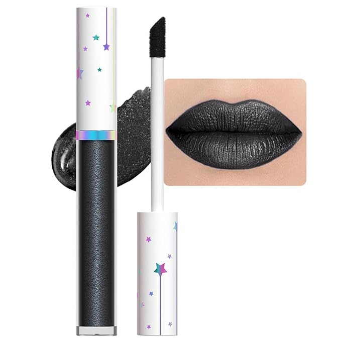 evpct 1Pcs Black Metallic Shimmer Glitter Lip Gloss Liquid Lipstick Long Lasting Waterproof 24, Glitter Pearlescent Metallic Sparkly Liquid Lipsticks Lip Stains Makeup Set for Women 06