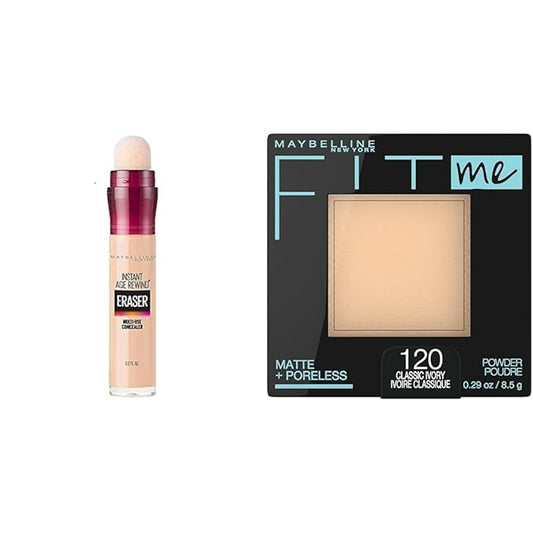 Maybelline Instant Age Rewind Eraser Dark Circles Treatment Multi-Use Concealer, 115, 1 Count & Fit Me Matte + Poreless Pressed Face Powder Makeup & Setting Powder, Classic Ivory, 1 Count