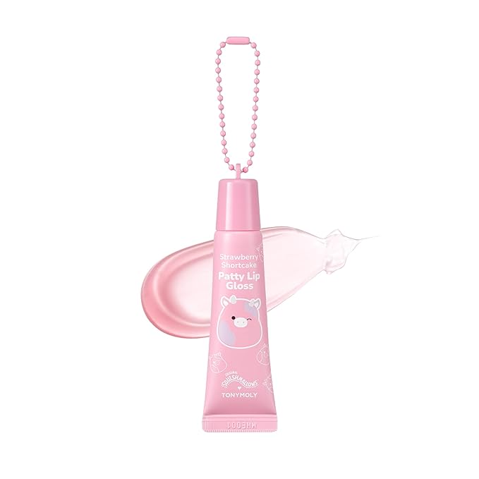 TONYMOLY x Squishmallow Patty Keychain Lip Gloss, Strawberry Shortcake Gloss, Sheer Pigmented Glossy Lip Stain, Hydrating, Non-Sticky, High Shine Glossy, 11ml