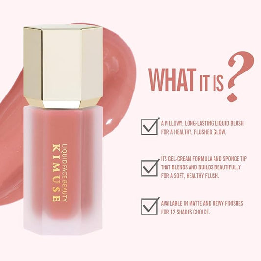KIMUSE Liquid Blush, Soft Cream Blush Face Blush, Liquid Blush for Cheeks, Long-Wearing Pigmented Blush, Waterproof, Smudge Proof, Dewy Finish
