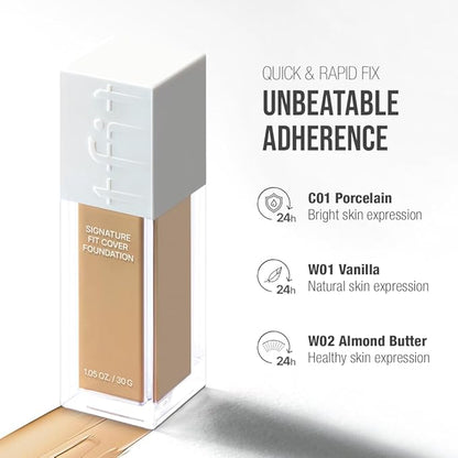 Signature Fit Cover Foundation - Blemish Cover, Full Coverage, Matte & Poreless Finish, Long-lasting & Lightweight, Korean Makeup, 1.02 Fl Oz (W01 Vanilla, 1.02 Fl Oz)