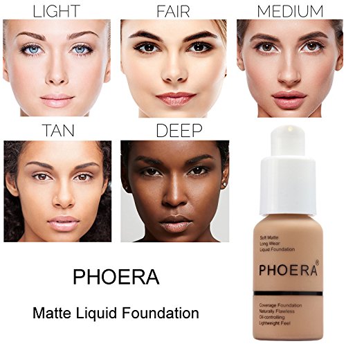 5PCS Liquid PHOERA Foundation Set Matte Liquid Full Coverage Oil Control Breathable Invisible Cover Concealer Foundation with Face Primer, Foundation Brush, Makeup Sponge (104 Buff Beige Makeup Set)