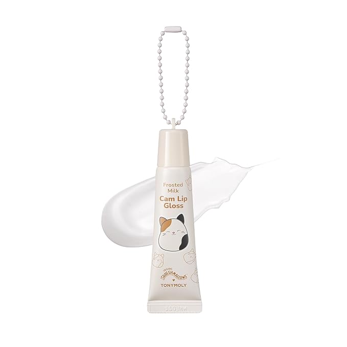 TONYMOLY x Squishmallow Cam the Cat Keychain Lip Gloss, Frosted Milk Gloss, Sheer Pigmented Glossy Lip Stain, Hydrating, Non-Sticky, High Shine Glossy, 11ml