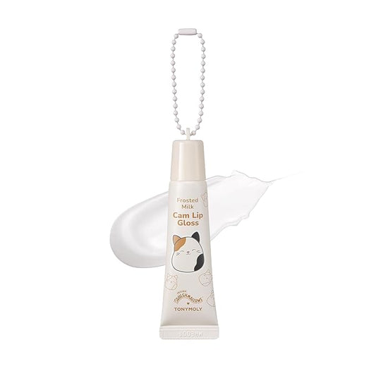 TONYMOLY x Squishmallow Cam the Cat Keychain Lip Gloss, Frosted Milk Gloss, Sheer Pigmented Glossy Lip Stain, Hydrating, Non-Sticky, High Shine Glossy, 11ml