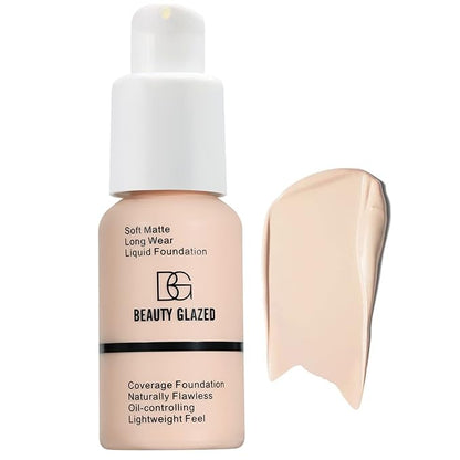 Beauty Glazed Soft Matte Silky Full Coverage Liquid Foundation - Multi-Use Buildable Foundation with Lightweight Feel, Oil Control and Longwear for Naturally Flawless Coverage (101 Porcelain)