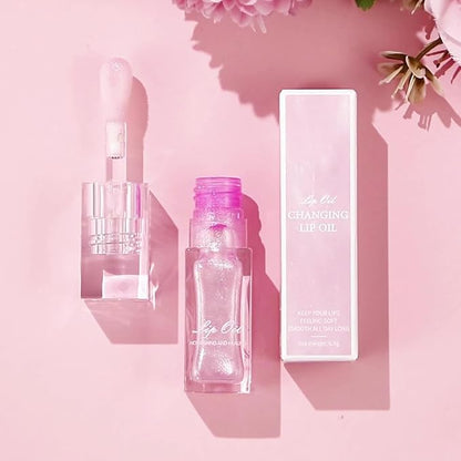 Magic Color Changing Lip Oil Ph, Glitter Lip Gloss, Upgraded Big Brush Head Moisturizing Lip Oil Long Lasting Nourishing Lip Glow Oil Non-Sticky Primer Lip Tint (Pink)