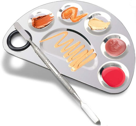 Makeup Palette Stainless Steel Cosmetic Palette 6-Well with Spatula Tool for Nail Art Eye Shadow Mixing Foundation Painting Artist Mini Mixing Metal Palette Silver 4.9x3.3inch