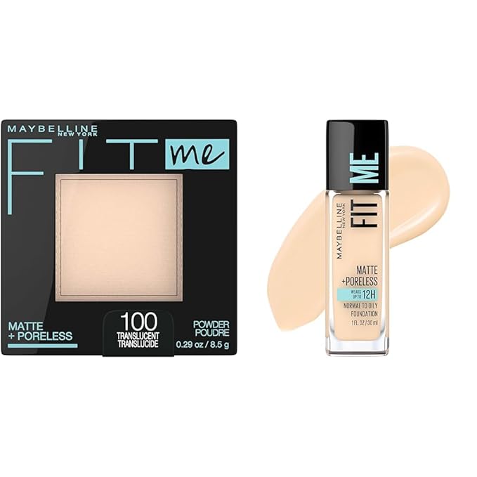 Maybelline Fit Me Matte + Poreless Pressed Powder Makeup & Liquid Foundation Makeup, 1 Count Each