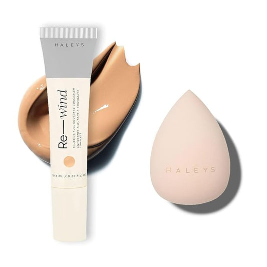 HALEYS Full-Coverage Concealer Set (Medium-Cool): Re-wind Blurring Full Coverage Concealer, Brighten, Reduce dark circles and fine lines, Longwear, Lightweight, Re-mix Makeup Sponge, Smooths, Blurs