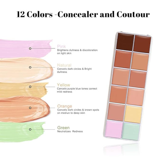 VERONNI Cream Concealer Palette, 12 Colors Makeup Contour Face Contouring Cream, Full Coverage Camouflage Base Foundation, Professional Daily Makeup