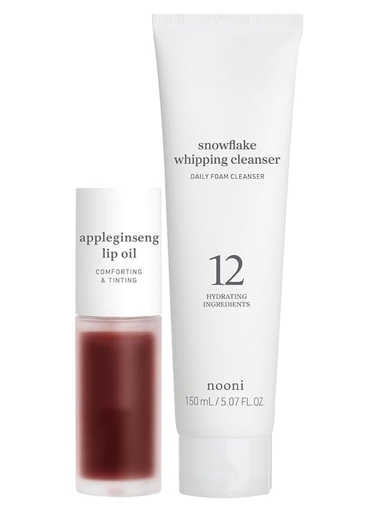 NOONI Korean Vegan Lip Oil - Appleginseng 0.12 Fl Oz + Korean Facial Clenaser - Snowflake Whipping Cleanser 5.07 Fl Oz Bundle