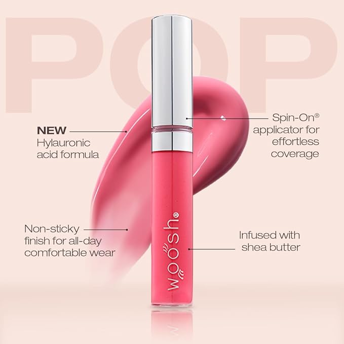 Woosh Beauty, Spin-On Lip Gloss, Hydrating Hyaluronic Acid & Shea Butter, No Fine Lines, Shine Finish, Vegan & Cruelty-Free