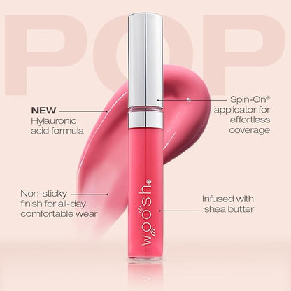 Woosh Beauty, Spin-On Lip Gloss, Hydrating Hyaluronic Acid & Shea Butter, No Fine Lines, Shine Finish, Vegan & Cruelty-Free