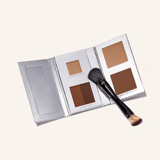 Woosh Beauty, The Fold Out Complexion Palette w/Secret Brush, Travel All in One Neutral Cream & Powder Kit, 4 in 1 Nested Makeup Brush (#5 Deep)