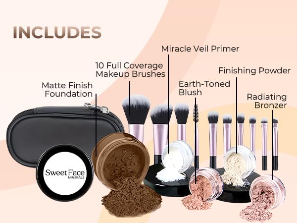 16pc STARTER KIT with 10 BRUSHES SET (EBONY) Mineral Makeup Bare Face Loose Powder Includes Matte Foundation, Veil Primer, Blush, Bronzer, Translucent Finishing Setting Powder SPF 30 Travel Size