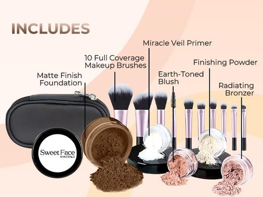 16pc STARTER KIT with 10 BRUSHES SET (EBONY) Mineral Makeup Bare Face Loose Powder Includes Matte Foundation, Veil Primer, Blush, Bronzer, Translucent Finishing Setting Powder SPF 30 Travel Size
