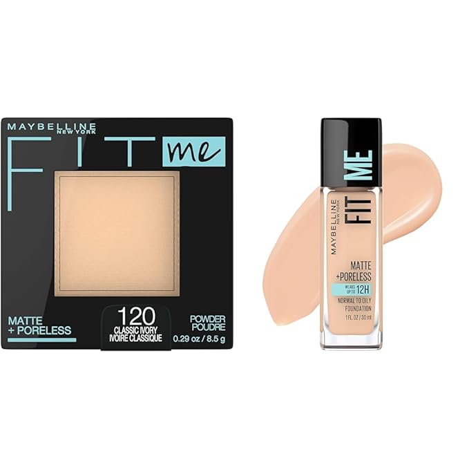 Maybelline Fit Me Matte + Poreless Pressed Powder Classic Ivory 1 Count & Liquid Foundation Creamy Beige 1 Count Bundle